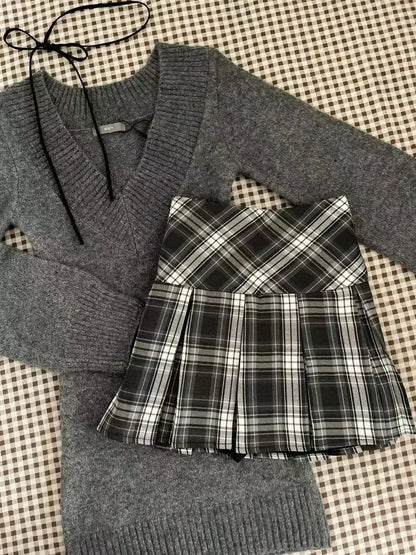 maoxiangshop  -  Women Clothing Autumn New Retro V-neck Sweater Knitted Pullover Top Strap Tank Top High Waist Slim Short Skirt Three Piece Set
