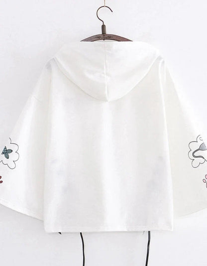 maoxiangshop Women Black Cartoon Cat Embroidery Hooded Sweatshirt Lace Up Korean Hoodies Summer Harakuju Casual Cute