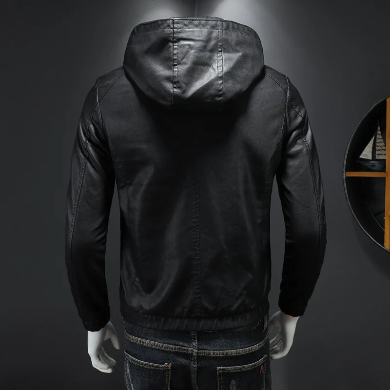 maoxiangshop Hooded PU Jackets Men Biker Jacket Spring Autumn Leather Jacket Coat Male Fashion Casual Black PU Leather Coat Big Size 5XL