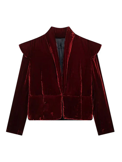 maoxiangshop  -  Velvet Shoulder Pad Coat Women Lapel Fashion Full Sleeve Cotton Chic Jacket 2024 Autumn Thicken Button Up Lady Overcoat Tops