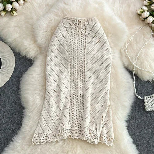 maoxiangshop Boho Summer Beach Sexy Skirts Women Lace-up Crochet Hollow Out Female Sheath Skirts Ladies High Waist Elegant Skirt