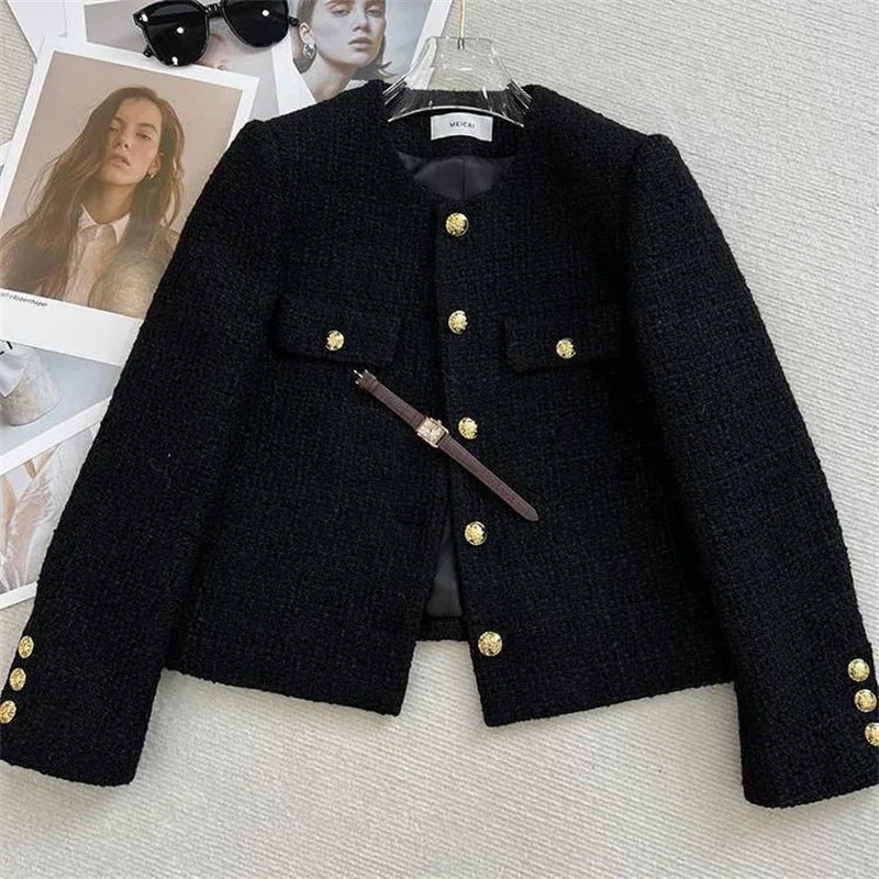 maoxiangshop High-End Warm Lining/Quilted Jacket With Small Fragrance Tweed Woven Woolen Suit For Women Autumn Winter 2024 O-Neck Short Top