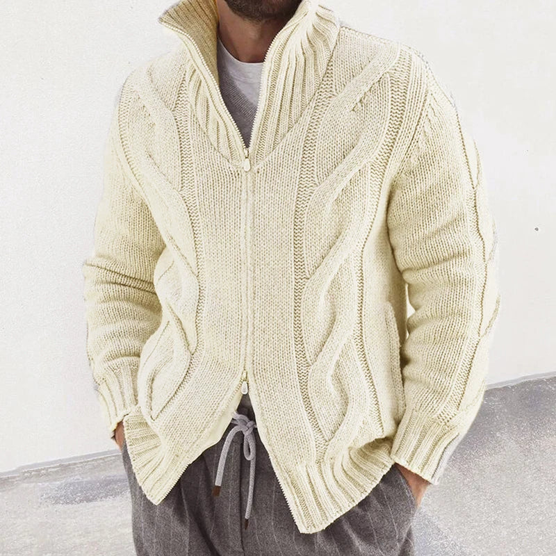 maoxiangshop Fashion Slim Knitted Sweatercoat Men Casual Zip-up Turtleneck Knit Cardigans Autumn Winter Vintage Twist Jacquard Mens Sweaters