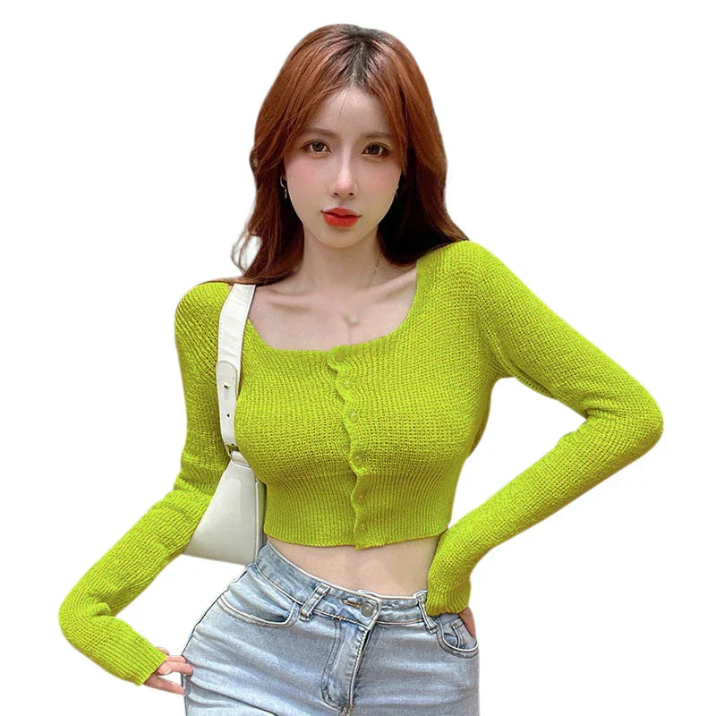 Women Autumn Long Sleeve Sweater Square Neck Slim Crop Top Female Winter Korean Solid Short Button Knitted Tops Chic Sweaters