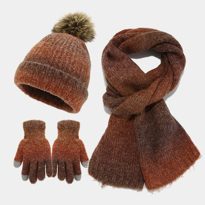 maoxiangshop  -  Winter Pompom Hat Scarf Glove Sets Tie-Dyed Knitted Beanies Plush Lining Thicken Bonnet Touch Screen Gloves Windproof Skiing Cap