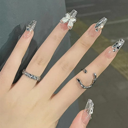 24pcs Bridal Nail Art tips with design press on nails long false nails glue coffin nail tips Rhinestones Glitter stick on nails