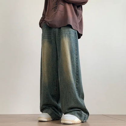 maoxiangshop Distressed Vintage Blue Jeans Pants Men Wide-leg Denim Trousers Male Oversize Streetwear Fashion Casual Baggy Straight Jeans