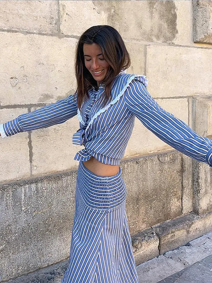 maoxiangshop  -  Fashion Striped Print Skirt Set For Women Ruffles Round Neck Long Sleeves 2 Pieces Sets Spring Summer Cute Street Lady Outfit