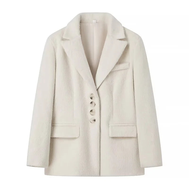 maoxiangshop  -  New Women's Collar Plush Jacket Elegant Loose Chic Coat Winter Thicken Fashion Office Ladies Warm Button Plush Jacket