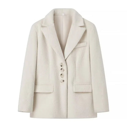 maoxiangshop  -  New Women's Collar Plush Jacket Elegant Loose Chic Coat Winter Thicken Fashion Office Ladies Warm Button Plush Jacket