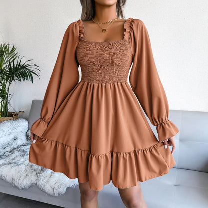 maoxiangshop Off Shoulder Ruffle Short Mini Dress Women Summer Fashion A Line Sundress Robe Female Solid Color Casual Sundress