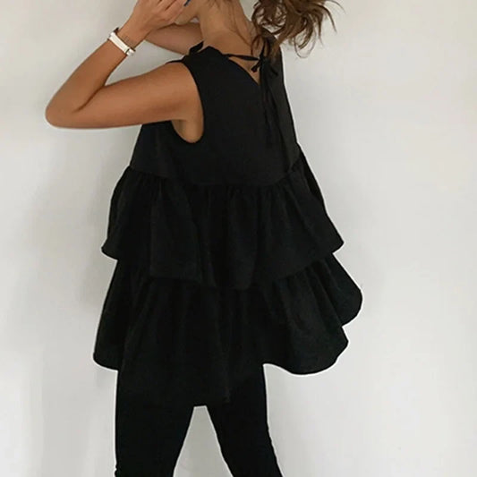 maoxiangshop  -  New Fashion Black Sleeveless Women's Summer Kawaii Round Neck T-shirt Top with Ruffled Cute Korean Women's Vest Top Loose