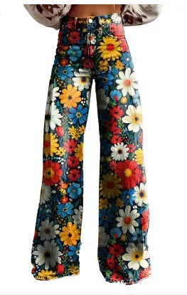maoxiangshop  -  Trendy Retro Plus Size 3D Print Pants Women Autumn New Fashion Casual Comfortable Imitation Jeans Wide Leg Baggy Jeans Y2k Pants