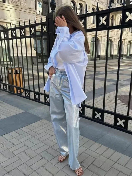 maoxiangshop  -  Loose PU Women Pants Solid Casual High Waist Pockets Fashion Streetwear Woman 2024 Autumn Winter New Baggy Bottoms Femme