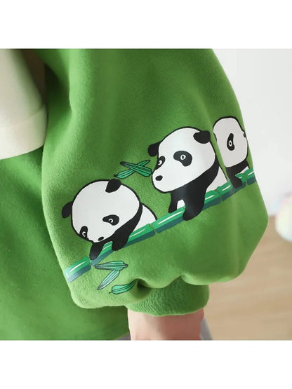 maoxiangshop Kawaii Panda Embroidery Fleece Women Hoodies Patchwork Drawstring Hooded Sweatshirt Winter Female Pullover Cute Tops