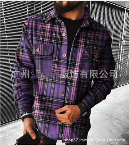 maoxiangshop Men Plaid Shirt Spring Fashion Large Size Pockets Long Sleeve Top Turn-down Collar Single-breasted Shirts