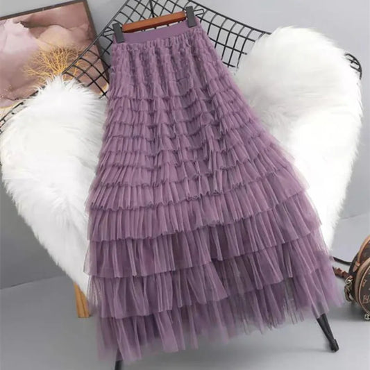 maoxiangshop 2024 New Spring Summer Women High Waist Slim Long Skirt High Quality Lolita Style Sweet Multilayered Mesh Patchwork Cake Skirt