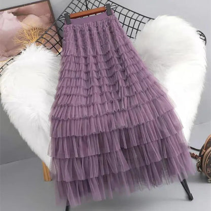 maoxiangshop 2024 New Spring Summer Women High Waist Slim Long Skirt High Quality Lolita Style Sweet Multilayered Mesh Patchwork Cake Skirt