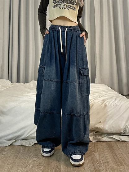 maoxiangshopHarajuku Vintage Blue Cargo Jeans Women Oversized Y2K Grunge Black Baggy Denim Pants Hip Hop Streetwear Wide Leg Trousers