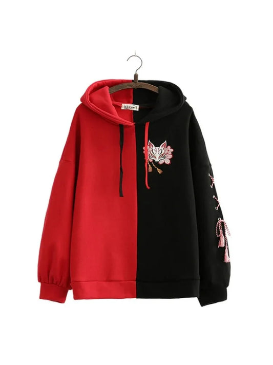 maoxiangshop Harajuku Contrast Cartoon Embroidery Casual Fleece Pullover Hoodies Sweatshirt Women Winter Long Sleeve Korean Female Top