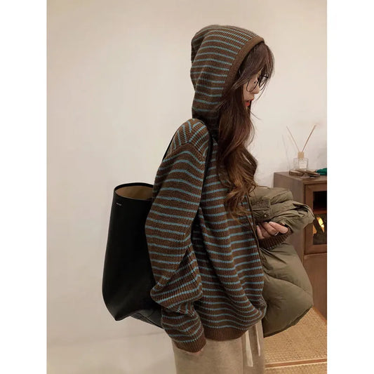 maoxiangshop Vintage Striped Brown Sweater Women Harajuku Korean Style Knit Tops Hoodies Oversize Casual Female Long Sleeves Pullover Jumper