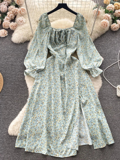 French Floral Casual Dress Women Vintage Square Neck Bubble Long Sleeved Beach Dresses Ladies Split Summer Boho Long Robe