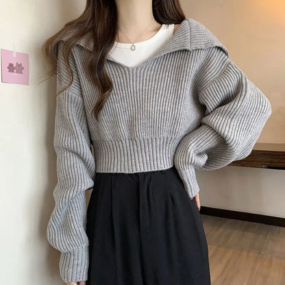 maoxiangshop Rimocy Long Sleeve Cropped Sweater Women Autumn Winter Turn Down Collar Knitted Jumper Woman Korean Style Solid Color Jerseys