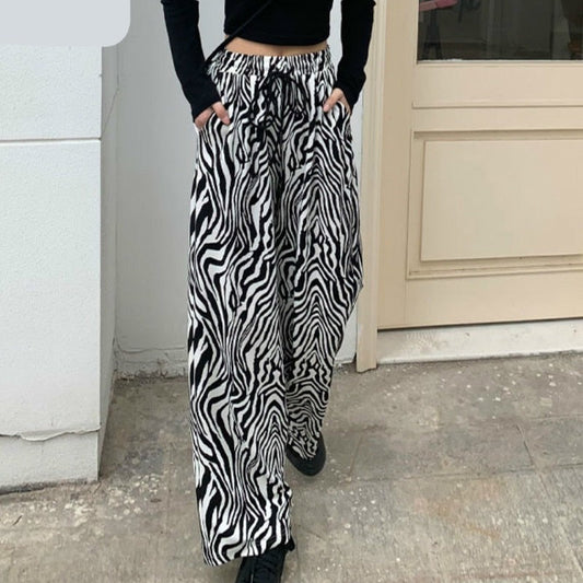 maoxiangshop Pants Women Lace-up Adjustable Zebra Pattern Striped Fashionable Loose Leisure Stylish Straight Trousers Womens Comfortable Chic