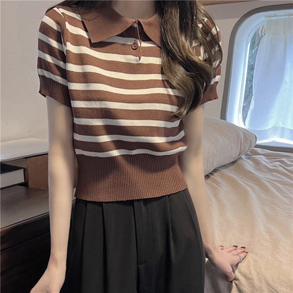 maoxiangshop Summer Vintage Striped Polo Collar T Shirts Women's Knitted Short Sleeve Thin Cropped Tshirt Crop Top For Slim Girls