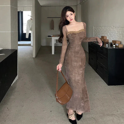 maoxiangshop-Women's Elegant Long Dress 2024 Spring Festival New Extended Version Pink Vintage Casual Lace Mesh Long Sleeve Dresses