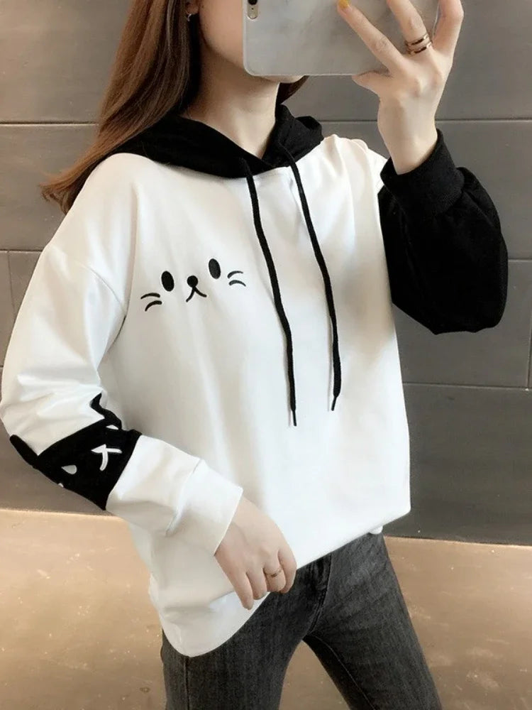 Women Hooded Sweatshirts Fall Winter Long Sleeve Hit Color Pullover Femme Cartoon Cat Embroidery Harajuku Hoodies