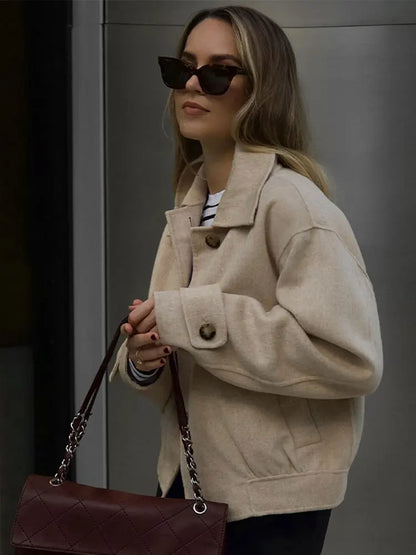 maoxiangshop -  Lapel Collar Long Sleeve Woolen Jacket Women Single-breasted Warm Short Coats Autumn Winter Fashion Female Streetwear