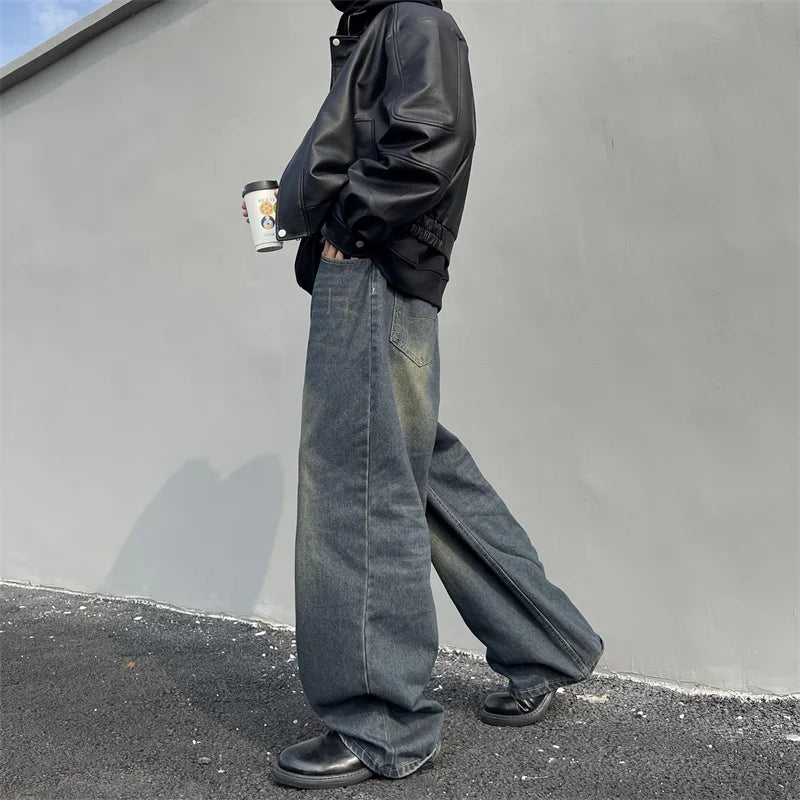 maoxiangshop Vintage Men's Jeans Spring New Distressed Denim Straight Loose Pants High Street Male Casual Simple Daily Wide Leg Trousers