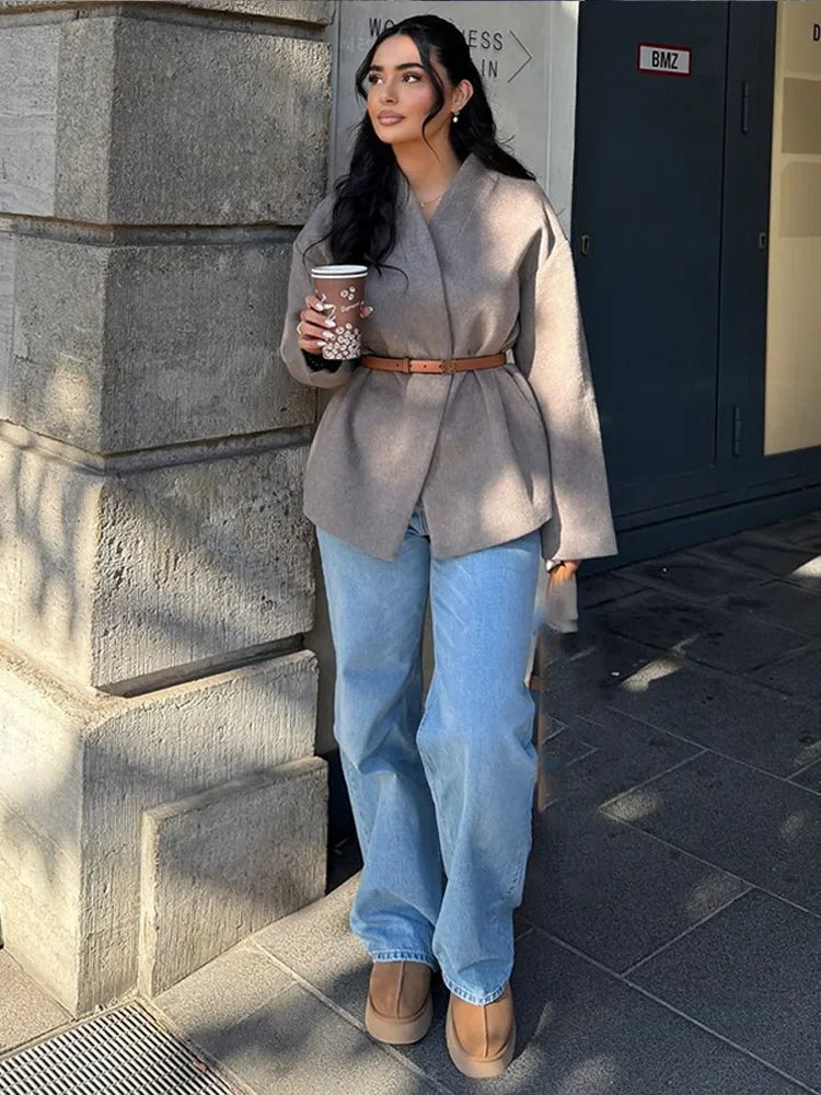 maoxiangshop  -  Winter Fashion Grey Khaki V Neck Full Sleeves Women Coat Elegant Solid Color Casual Loose Jacket Woman Autumn Commuter Outerwear