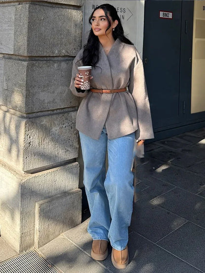 maoxiangshop  -  Winter Fashion Grey Khaki V Neck Full Sleeves Women Coat Elegant Solid Color Casual Loose Jacket Woman Autumn Commuter Outerwear