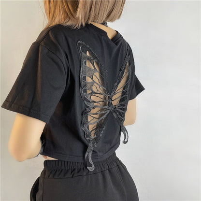 maoxiangshop Harajuku Butterfly Wings Black T-shirt Sexy Hollow Out Short Sleeve Crop Top E-girl Dark Academia Grunge Pullovers Tees Women