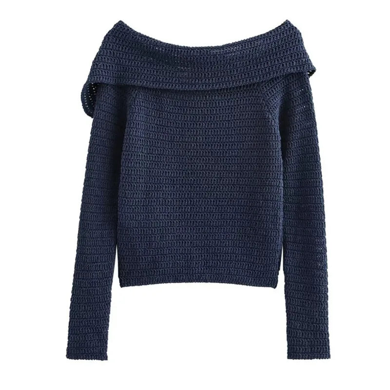maoxiangshop  -  Single Off Shoulder Irregular Sweater Top Women 2024 Autumn Casual Fashion Solid Turn Down Collar Long Sleeve Breasted Lady Top
