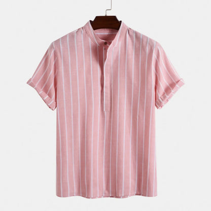 maoxiangshop Summer Blouse Male Casual Stripe Printing Shirt Short Sleeve Stand Collar Blouse Tops For Mens Outdoor Beach Shirts рубашка
