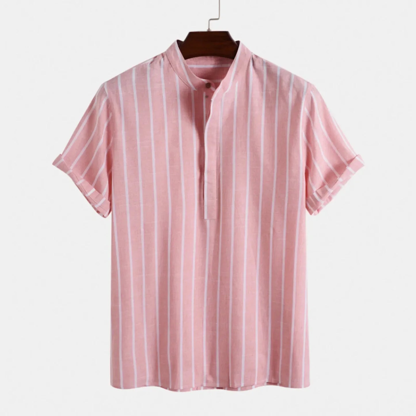 maoxiangshop Summer Blouse Male Casual Stripe Printing Shirt Short Sleeve Stand Collar Blouse Tops For Mens Outdoor Beach Shirts рубашка