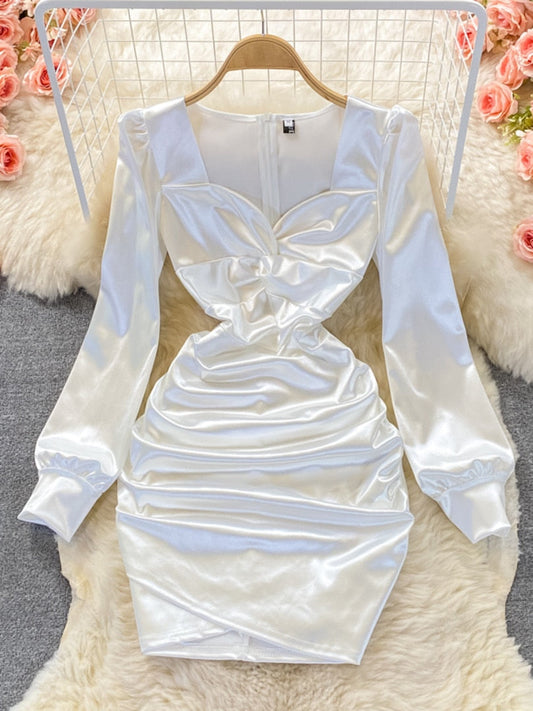 maoxiangshop Autumn New Celebrity Sexy Square Neck Satin Dresses Long Sleeve Women White Hip Wrap Slim Pleated Mini Short Dress