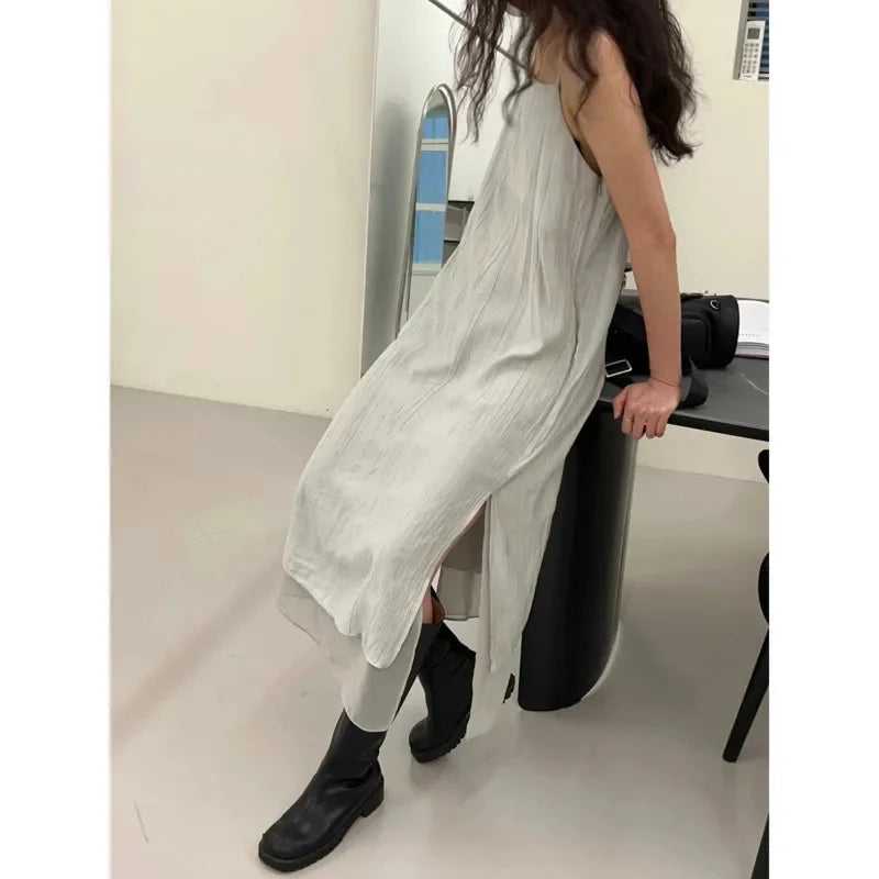 Loose Patchwork Fake Two-Piece Suspender Skirt 2024 New For Women Chic French High Sense Inner Wear Full Body Casual Dress