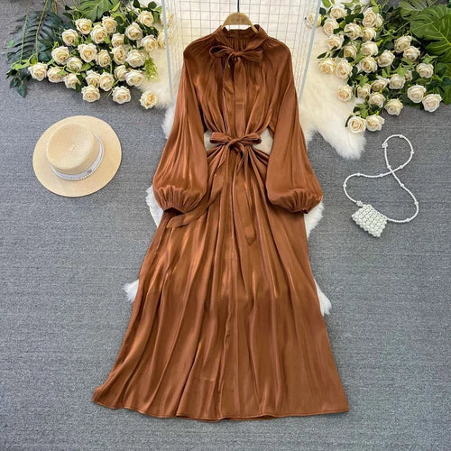 maoxiangshop Frenchic Vintage Long Dress Women Lace-up Bow Collar Lantern Sleeve Female Vestidos De Mujer Spring Elegant Dresses