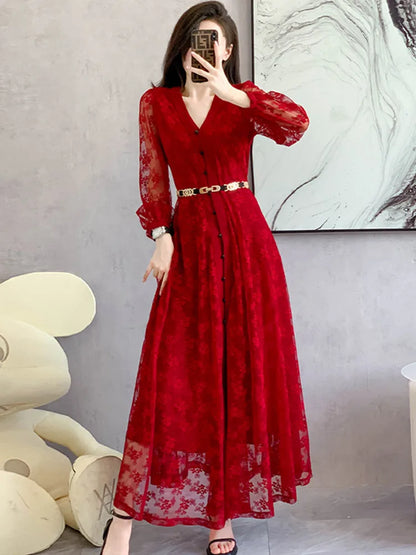 maoxiangshop Designer Fashion Autumn Dress Women Sexy V Neck Full Sleeve Red Lace Hollow Out Flower Elegant Long Dresses With Belt