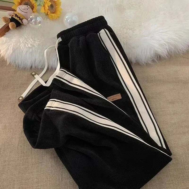 Corduroy Striped Sweatpants Women Streetwear Thick Wide Leg Pants Y2K Harajuku High Waist Joggers Korean Baggy Trousers