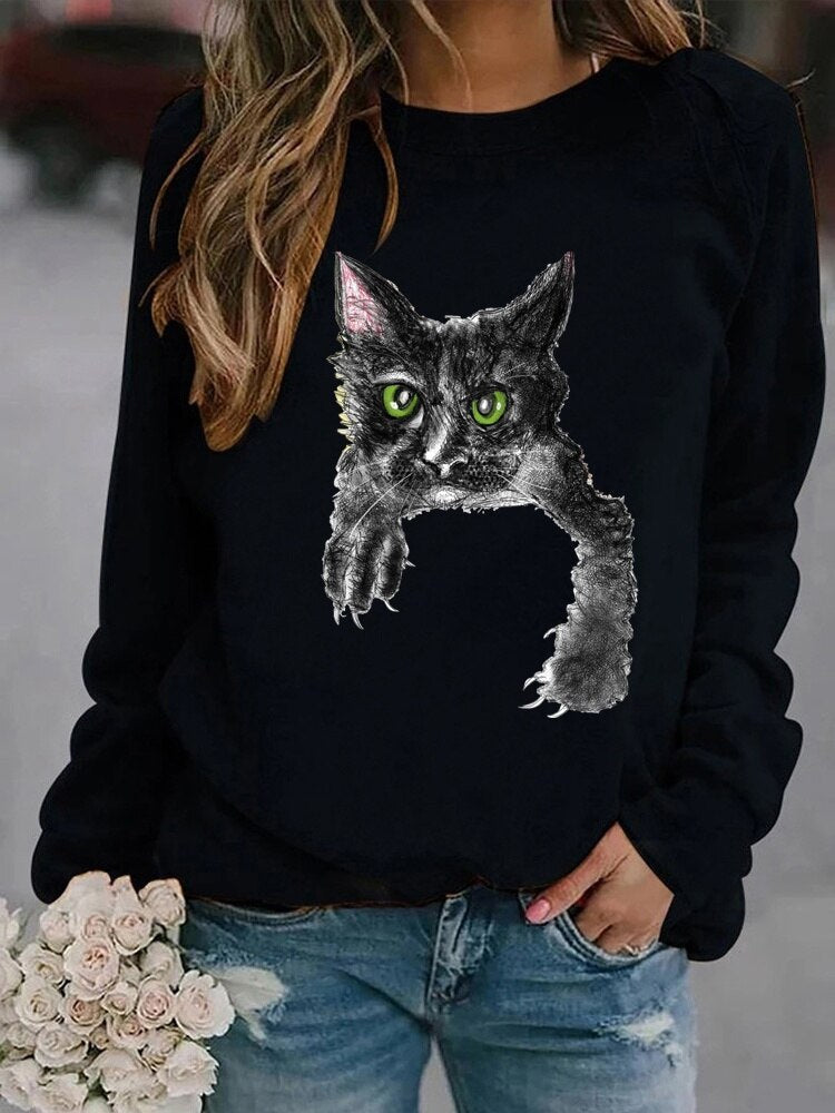 maoxiangshop Autumn and Winter New Solid Color Women's Fashion 3D Cat Print Round Neck Top Hoodie Long Sleeve Fashion Versatile Casual Hoodie