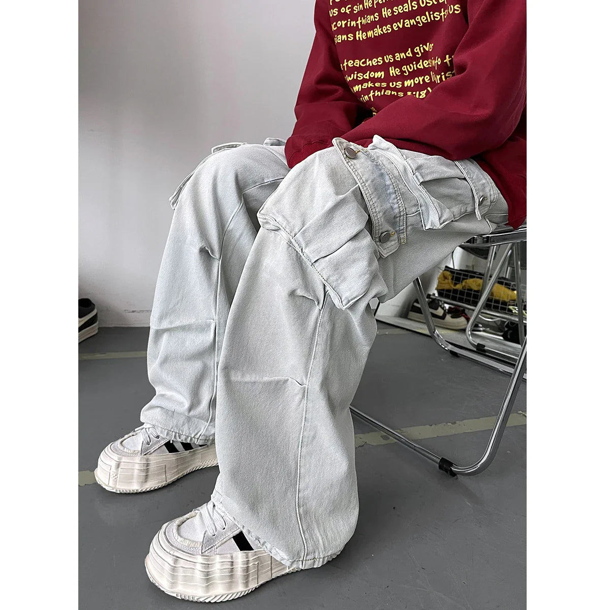 maoxiangshop Light Blue Cargo Jeans Men's Patchwork Straight Casual Trousers Men Muti-pockets Hip Hop Streetwear Loose Fashion Pants