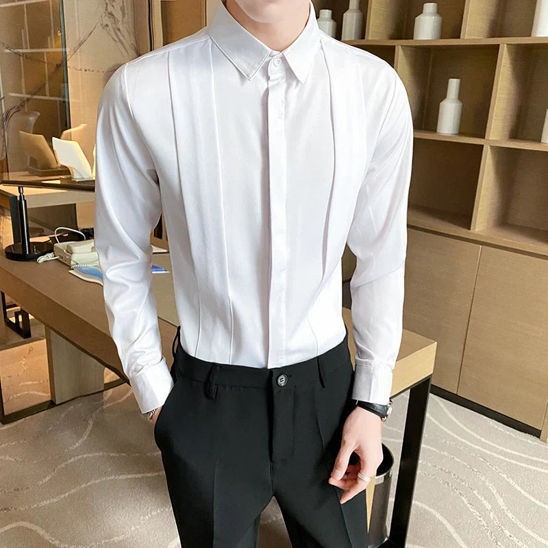 maoxiangshop British Style Fashion Fold Design Tuxedo Shirts Men Long Sleeve Slim Fit Casual Shirt Social Party Tops Plus Size 4XL 5XL
