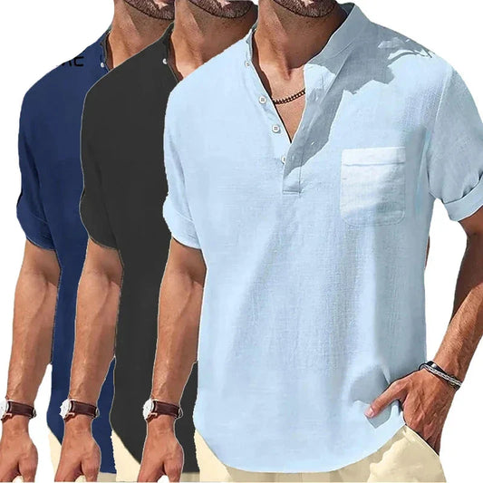 maoxiangshop New Men's Short Sleeve Breathable T-shirts Summer Solid Color Basic Pocket Shirts for Men Oversized Half Button Linen Streetwear