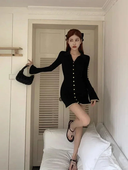 Coquette Black Mini Cabaret Dress Women Korean Style Y2k Sweet Ruffles Long Flare Sleeve Tunic Knitted Dresses Autumn