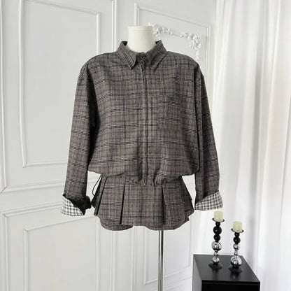 maoxiangshop  -  Sweet College Style Suit for Women, Plaid Loose Zipper Jacket, High Waist A-line Skirt, 2-Piece Set, Female Clothes, Autumn